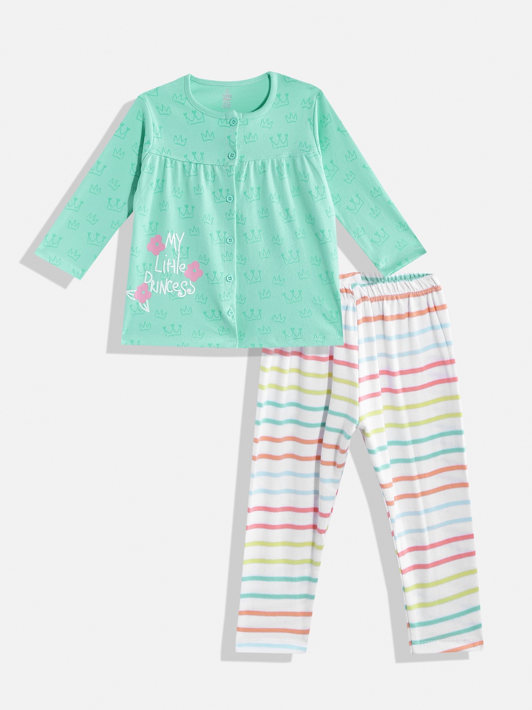 

TINYO Infant Girls Green & White Pure Cotton Fit & Flare Dress with Leggings