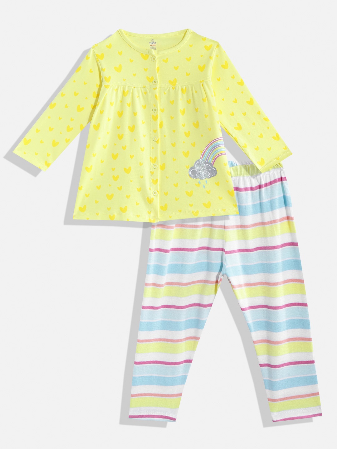 

TINYO Infant Girls Yellow & White Pure Cotton Fit & Flare Dress with Leggings