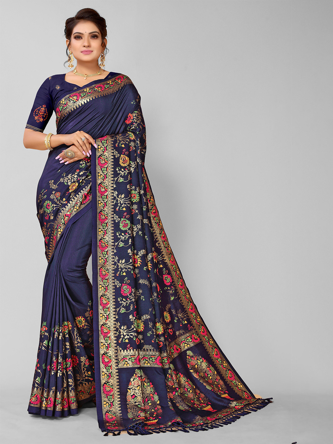 

KALINI Blue & Red Floral Silk Blend Kanjeevaram Saree