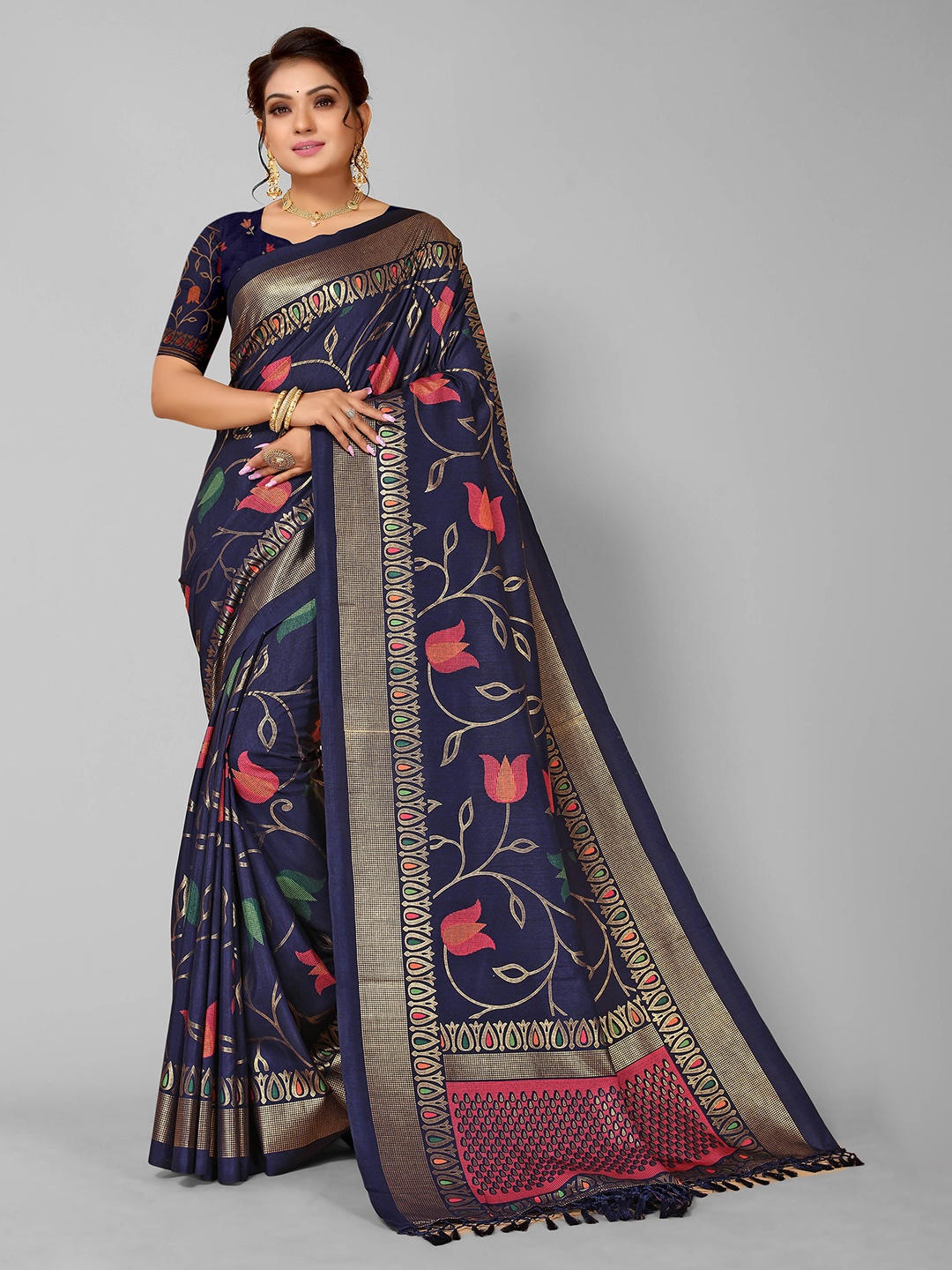 

KALINI Blue & Gold-Toned Floral Silk Blend Kanjeevaram Saree