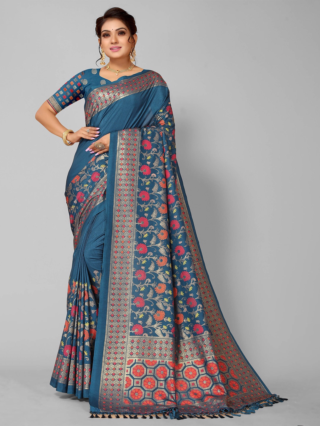 

KALINI Teal & Orange Floral Silk Blend Kanjeevaram Saree