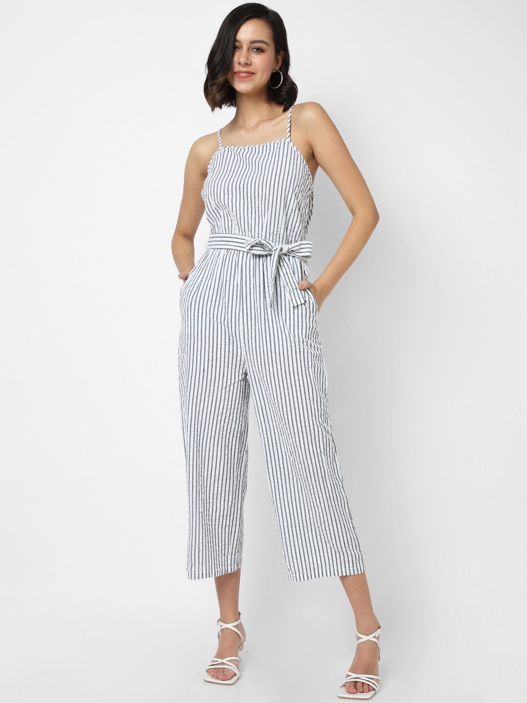 

VASTRADO White & Olive Green Striped Basic Jumpsuit
