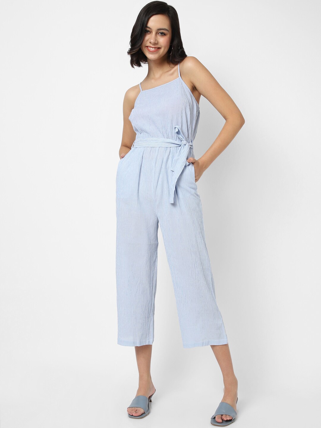 

VASTRADO Blue & White Striped Basic Jumpsuit
