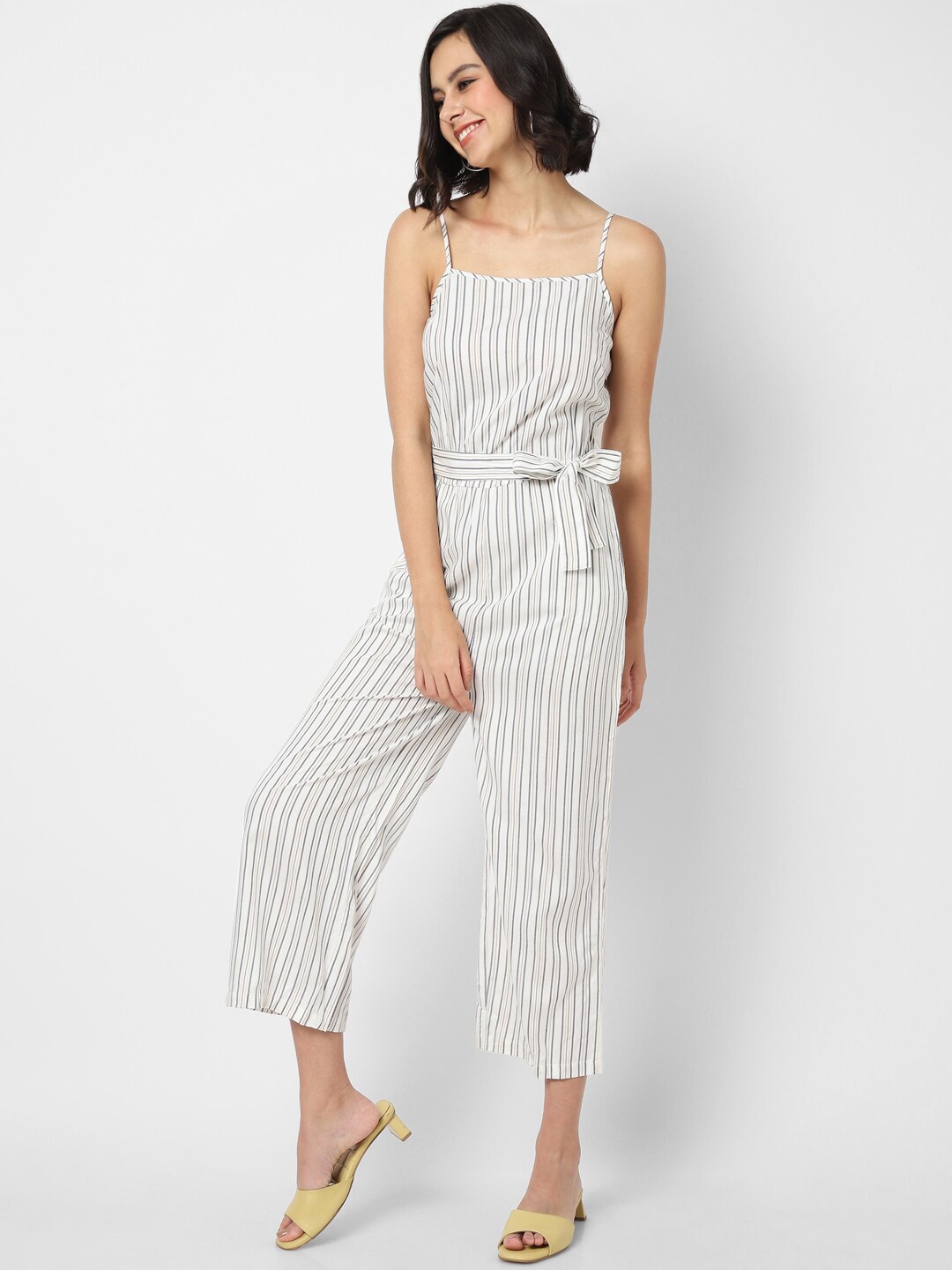 

VASTRADO White & Grey Striped Basic Jumpsuit