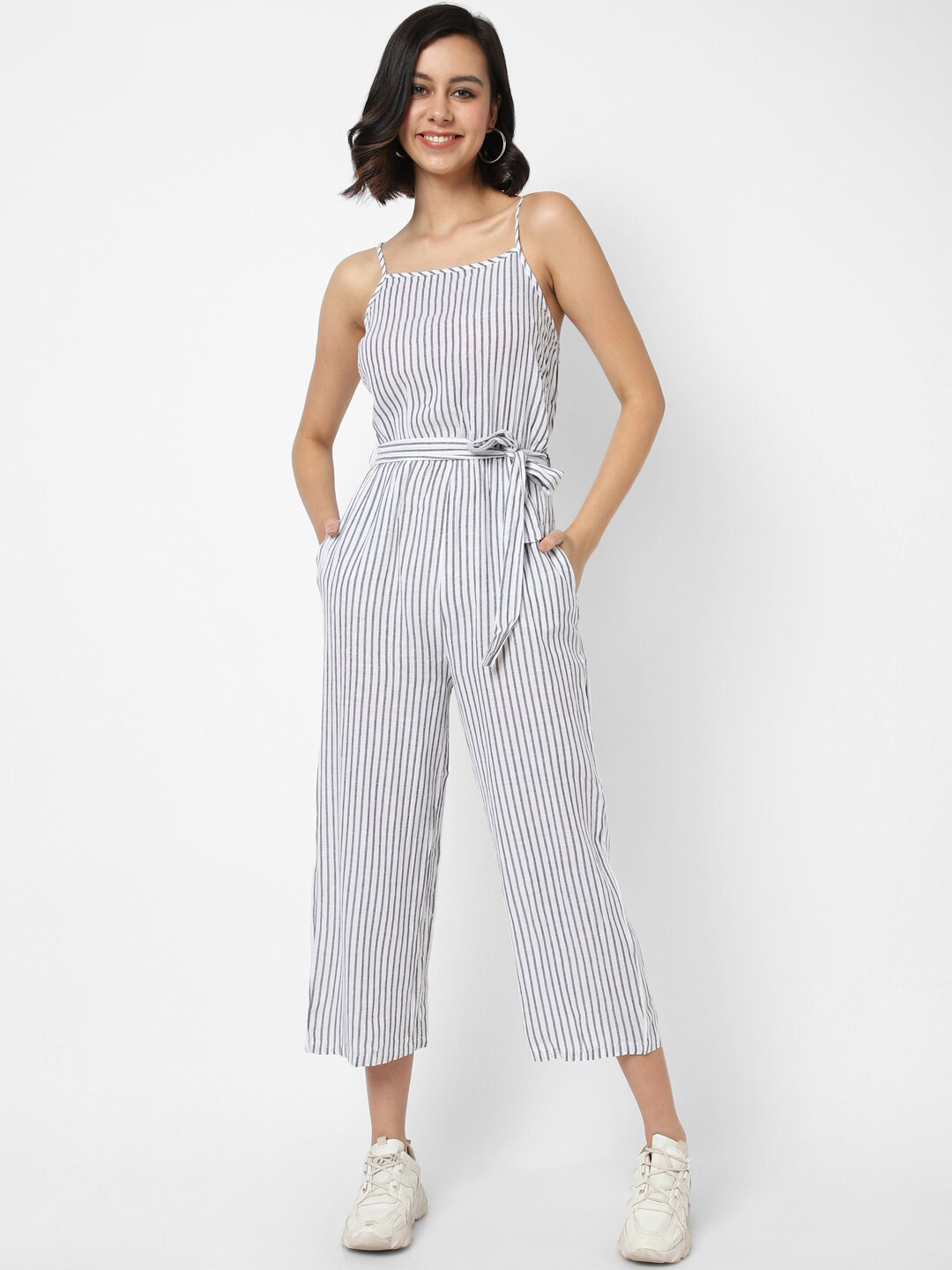 

VASTRADO Grey & White Striped Basic Jumpsuit