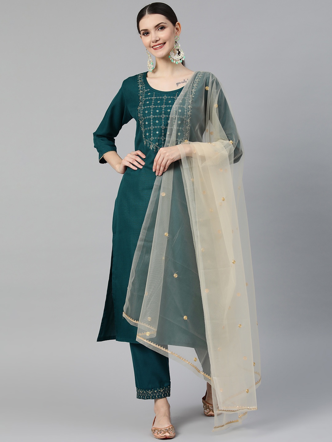 

SheWill Women Teal Embroidered Sequinned Kurta with Trousers & With Dupatta