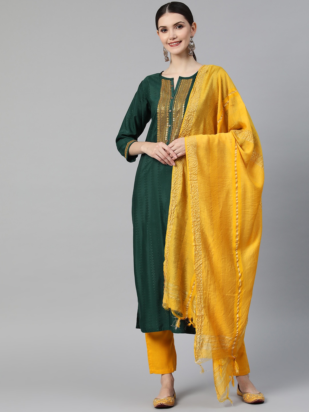 

SheWill Women Green Ethnic Motifs Embroidered Sequinned Kurta with Trousers & With Dupatta