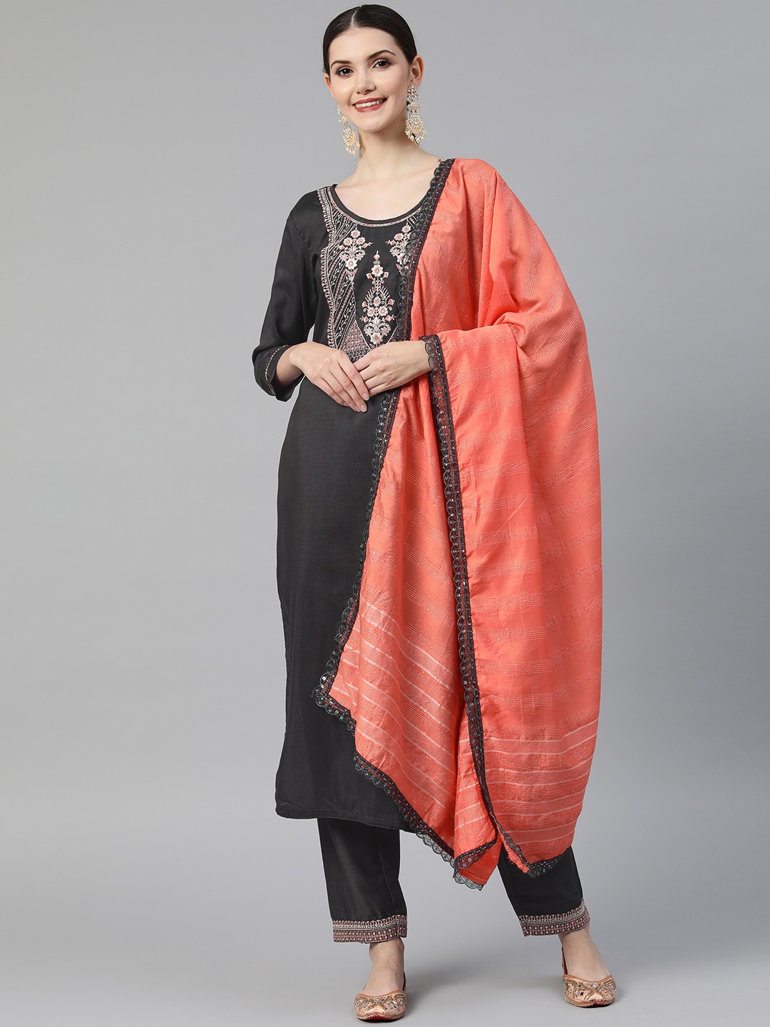 

SheWill Women Grey Floral Embroidered Sequinned Kurta with Trousers & With Dupatta
