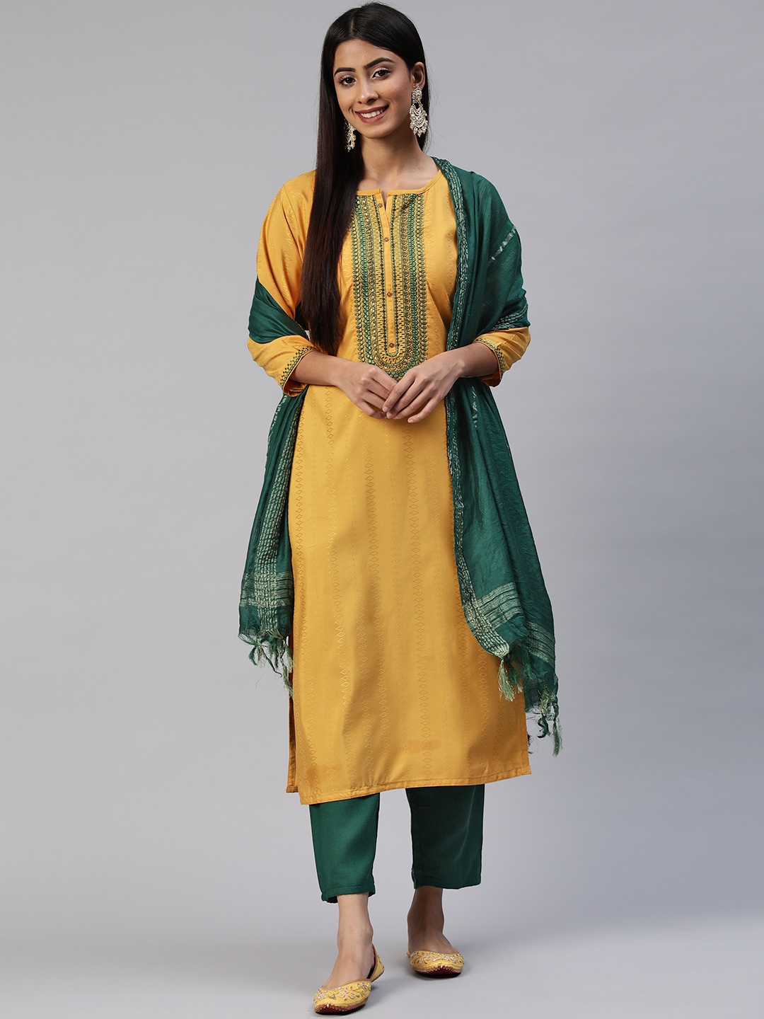 

SheWill Women Mustard Yellow Floral Embroidered Sequinned Kurta with Trousers & With Dupatta