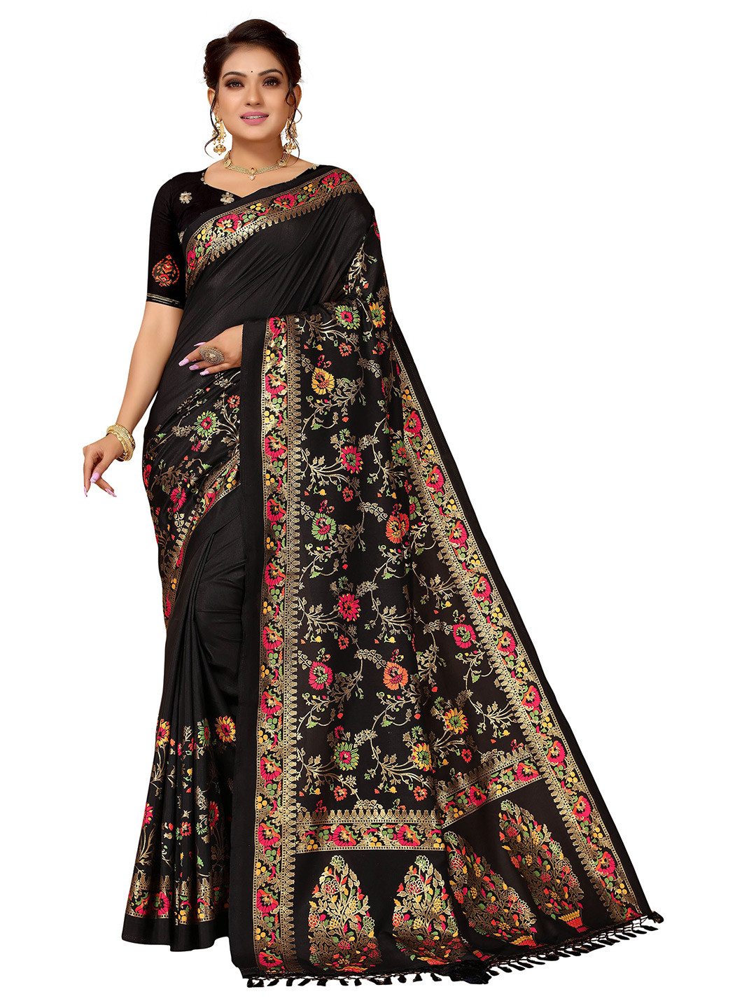 

Nimayaa Black & Red Floral Silk Blend Kanjeevaram Saree