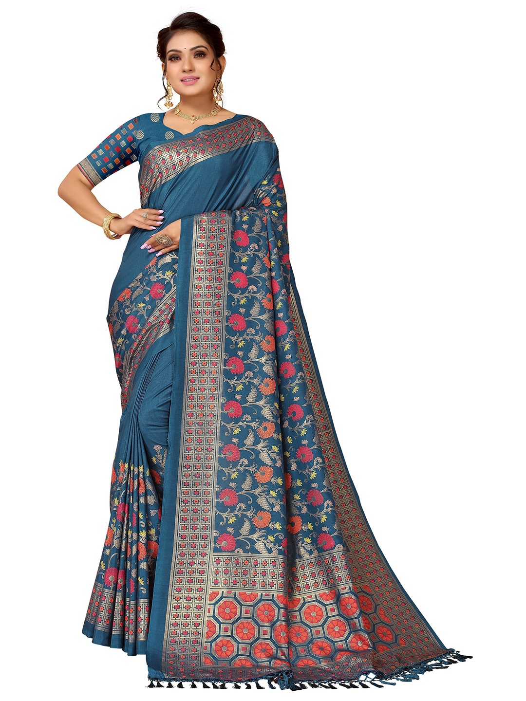 

Nimayaa Teal & Pink Floral Silk Blend Kanjeevaram Saree