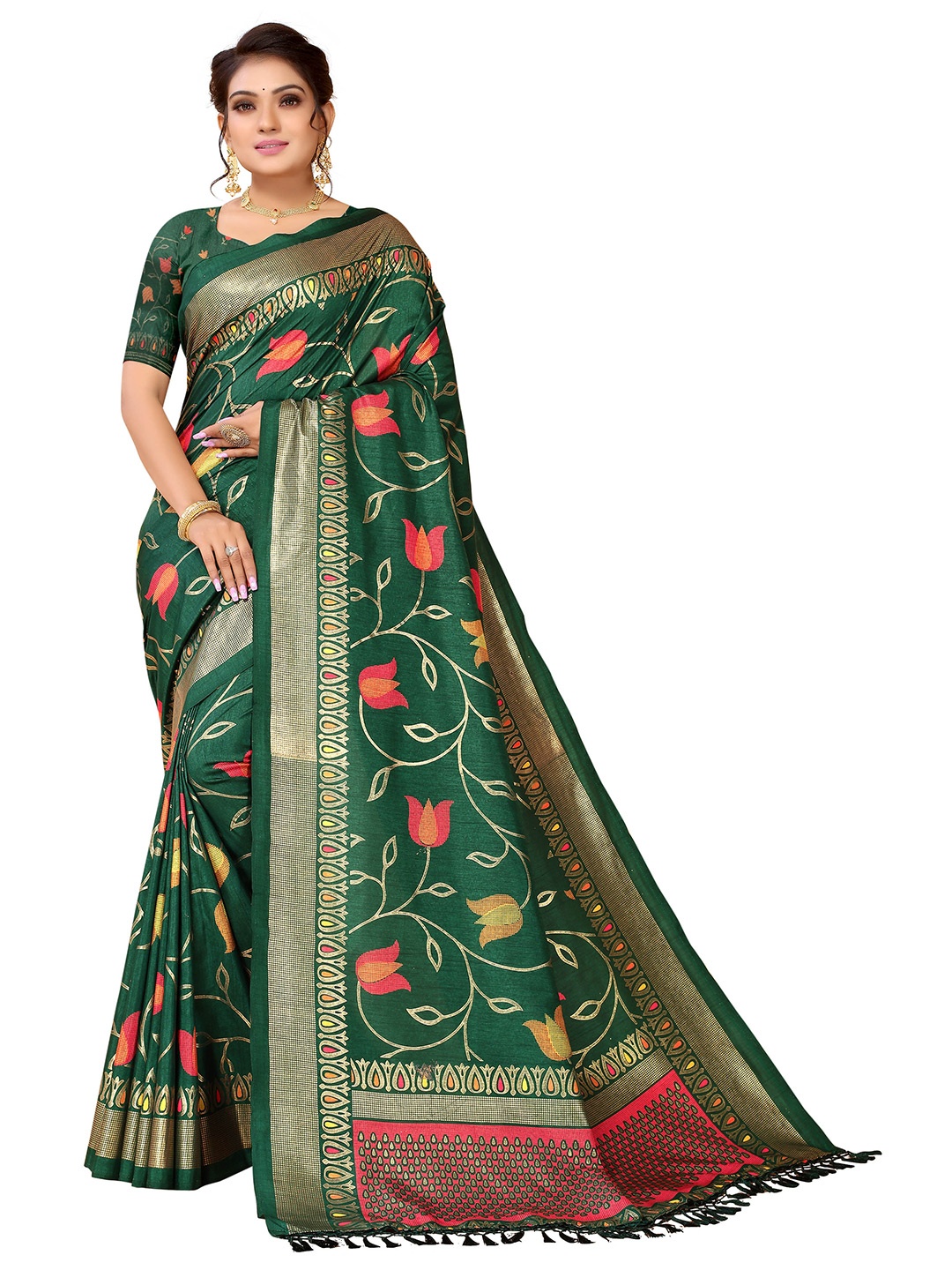 

Nimayaa Green & Pink Floral Silk Blend Kanjeevaram Saree