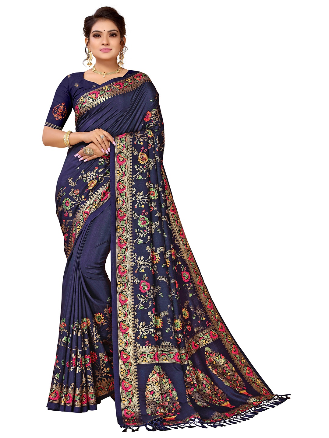 

Nimayaa Blue & Pink Floral Silk Blend Kanjeevaram Saree