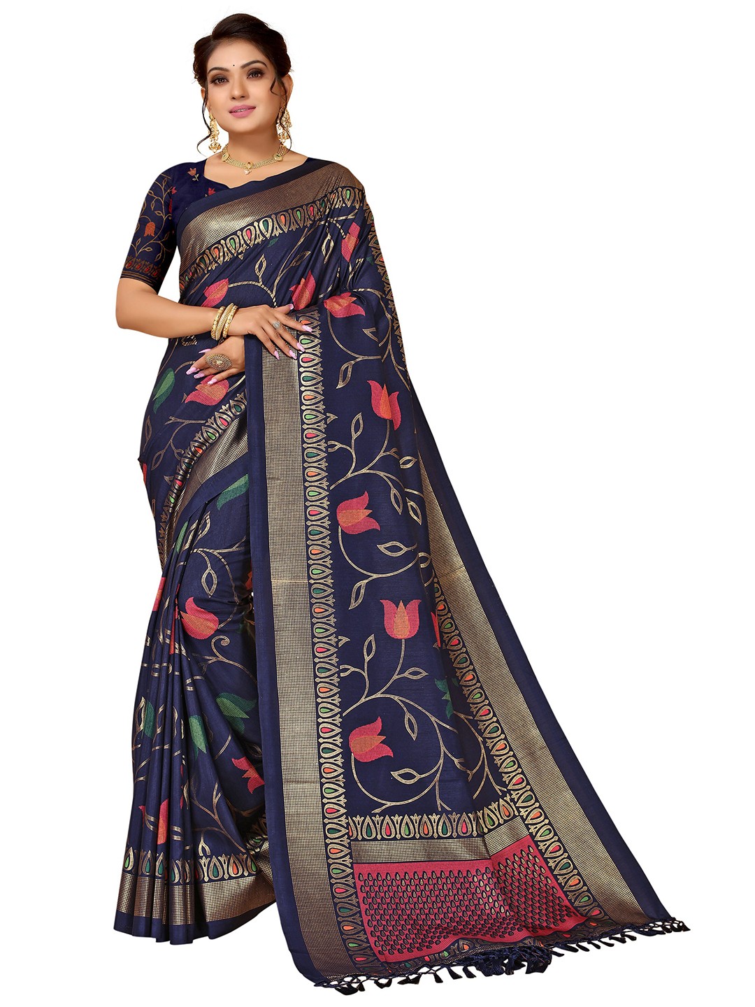 

Nimayaa Blue & Pink Floral Silk Blend Kanjeevaram Saree