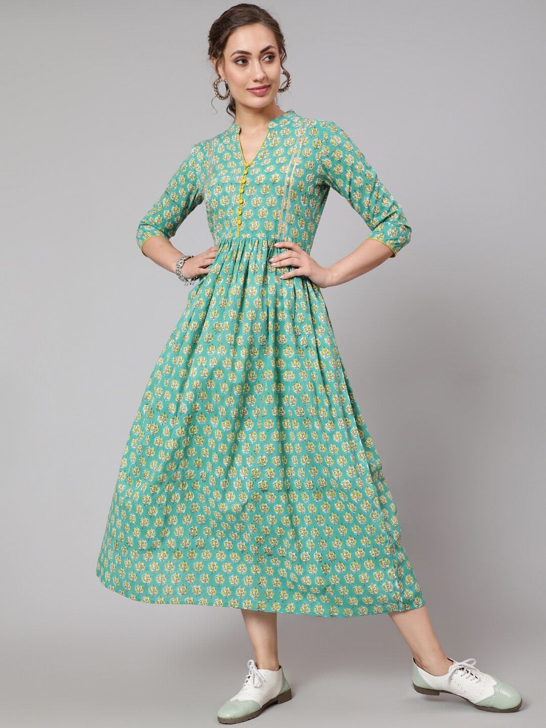 

GLAM ROOTS Women Green & blue turquoise Chevron Printed Mirror Work Floral Anarkali Kurta