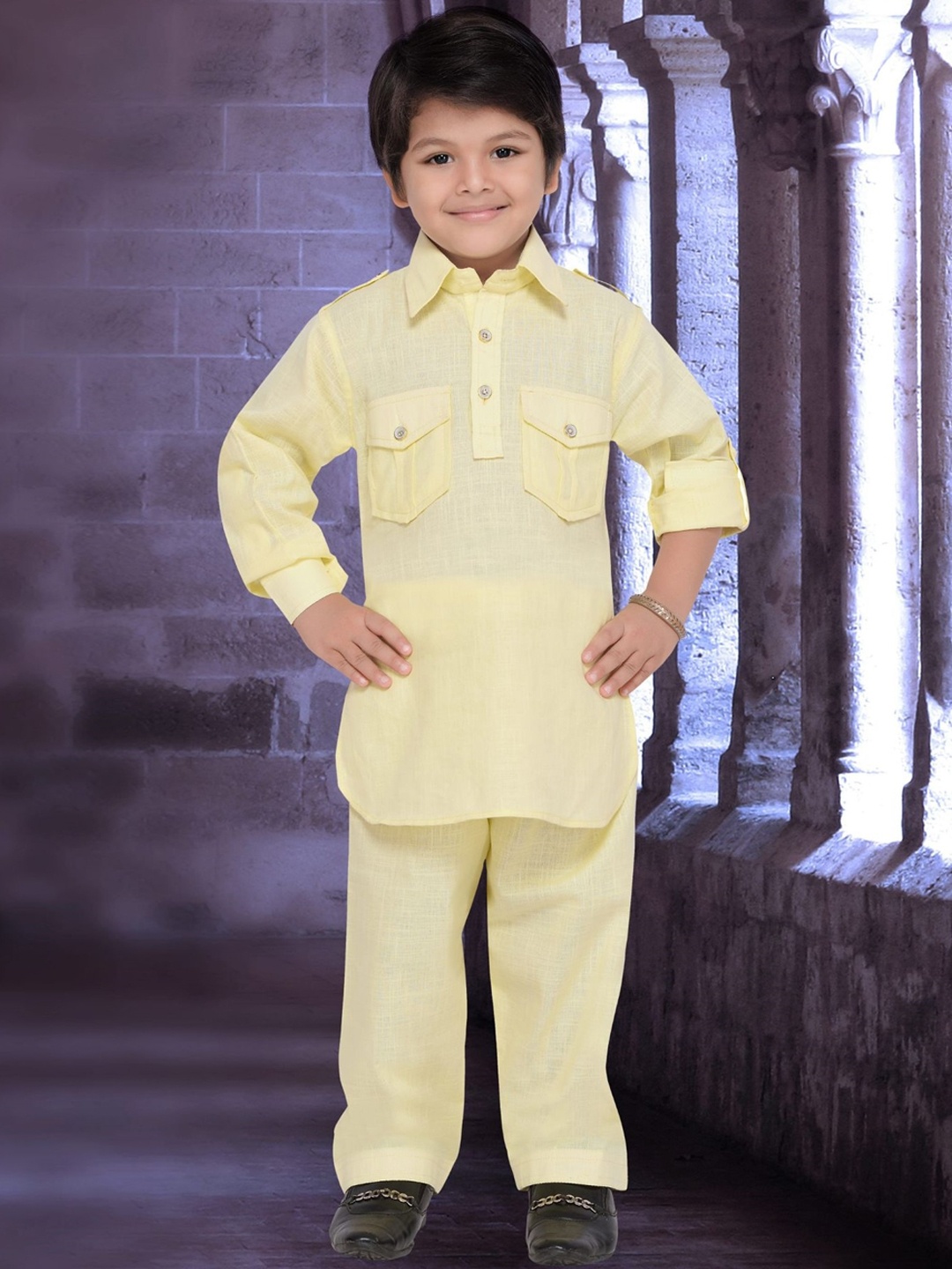 

Aj DEZInES Boys Lime Green Layered Pure Cotton Kurta with Salwar