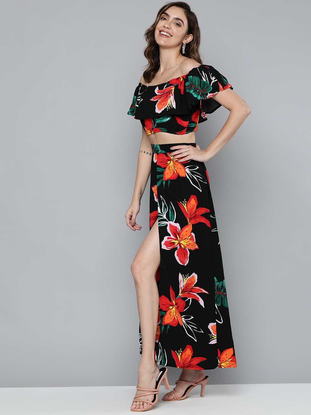 

HERE&NOW Women Black & Orange Printed Top with Skirt