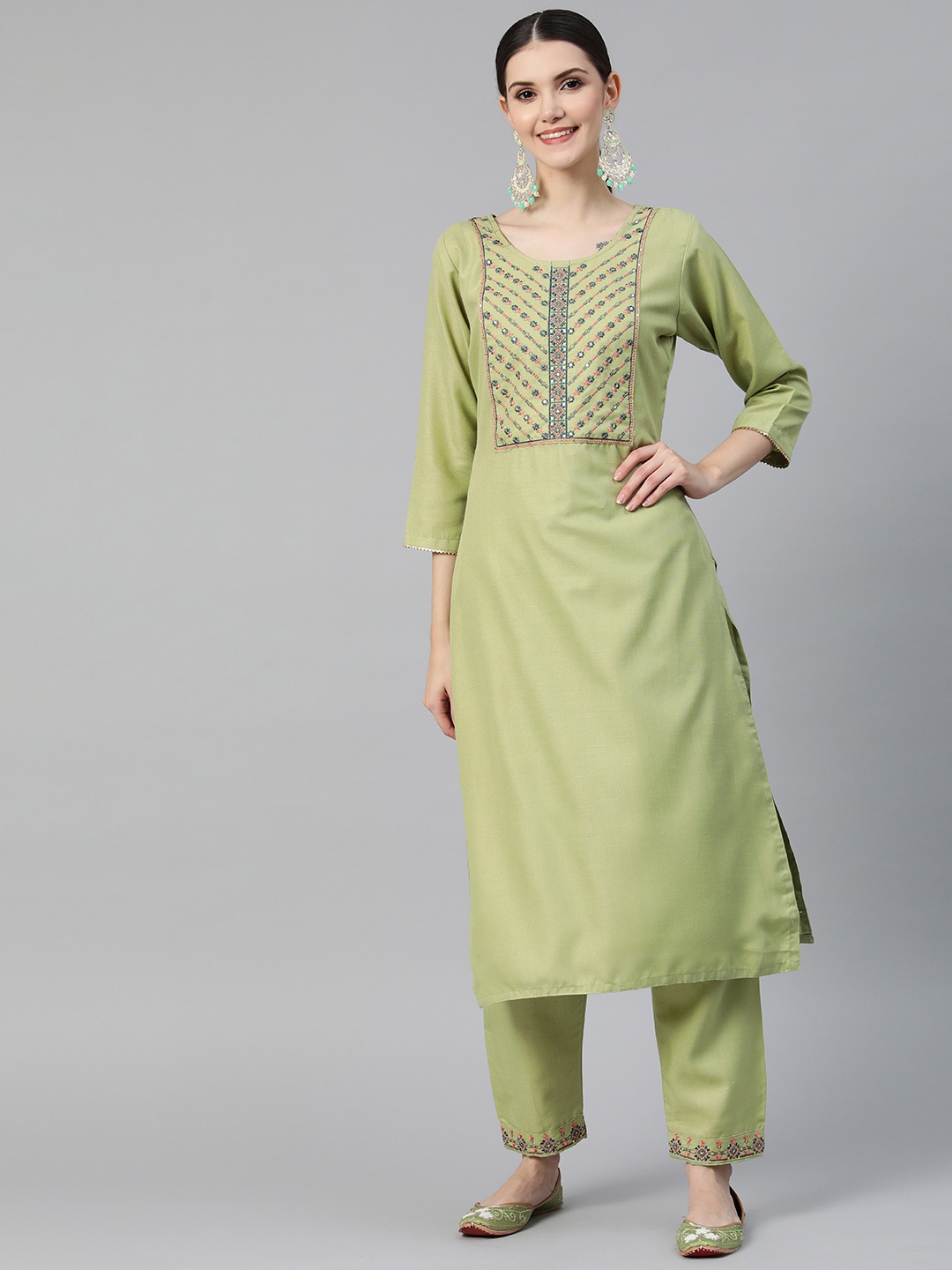 

SheWill Women Green Embroidered Sequinned Kurta with Trousers