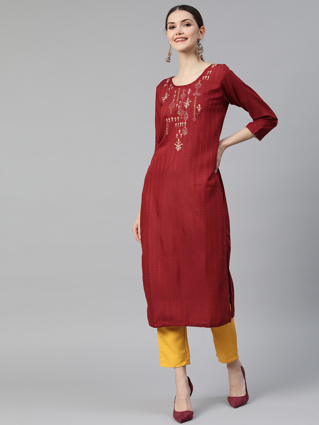 

SheWill Women Red Ethnic Motifs Embroidered Sequinned Kurta with Trousers