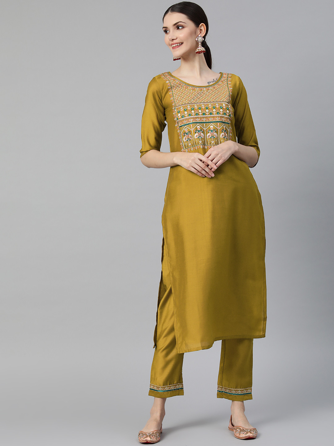 

SheWill Women Mustard Yellow Floral Embroidered Sequinned Kurta with Trousers