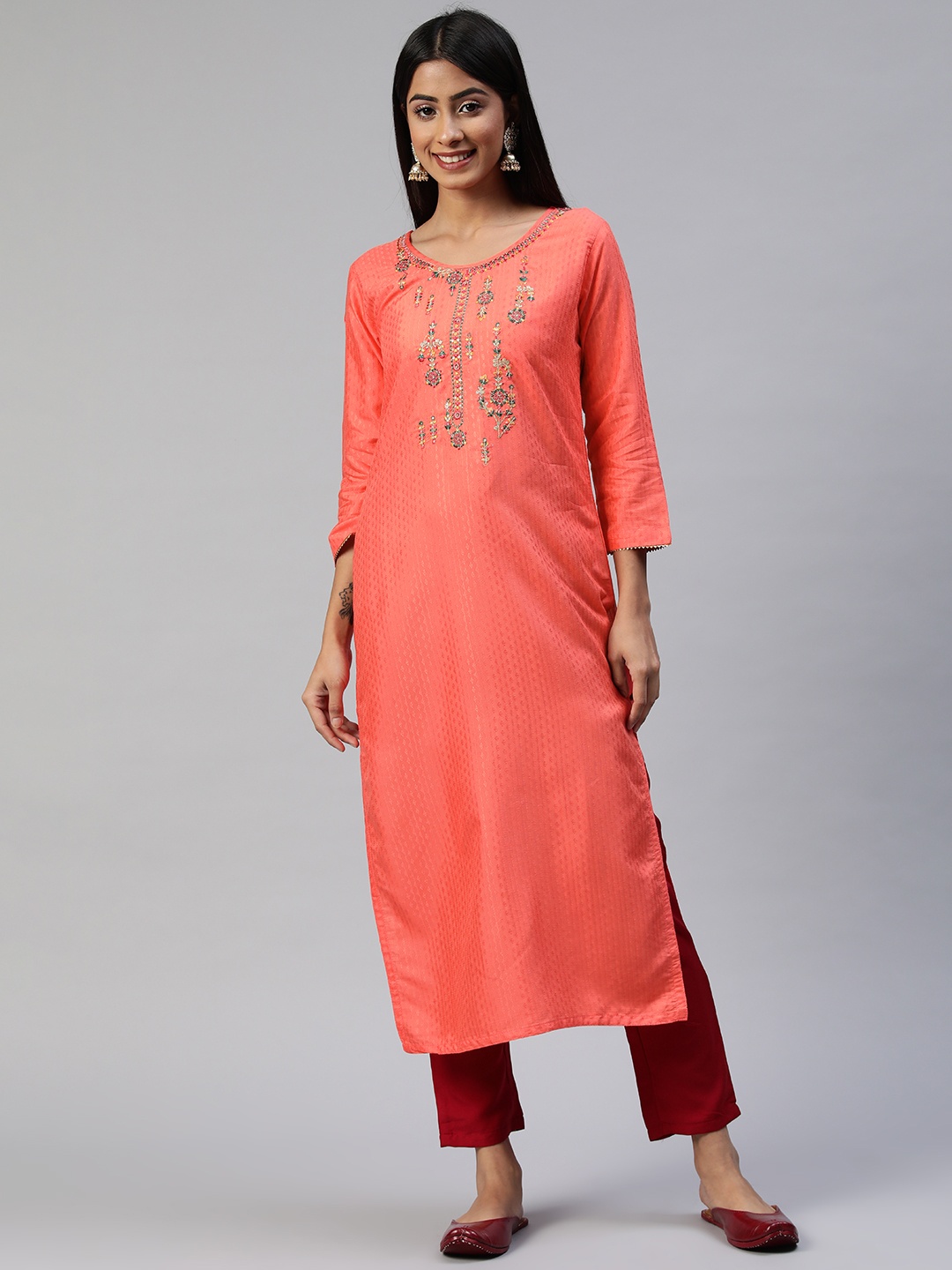 

SheWill Women Peach-Coloured Floral Embroidered Sequinned Kurta with Trousers