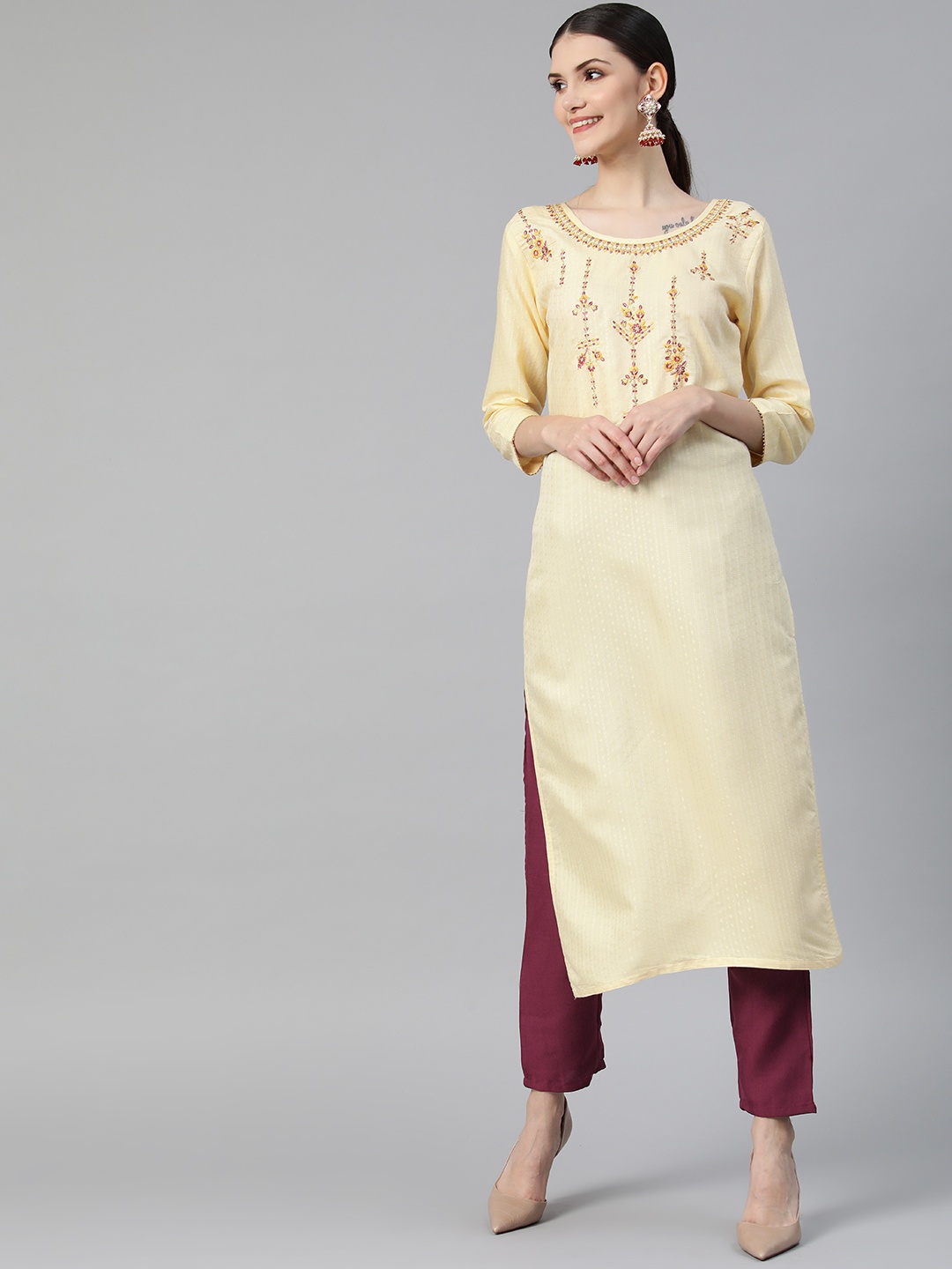 

SheWill Women Cream-Coloured Ethnic Motifs Embroidered Sequinned Kurta with Trousers