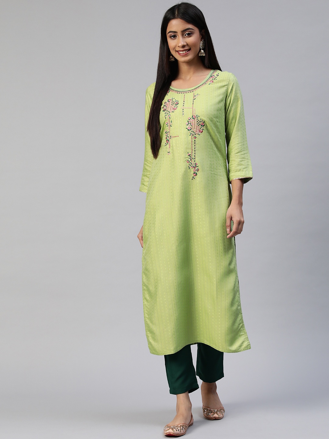 

SheWill Women Green Floral Embroidered Sequinned Kurta with Trousers