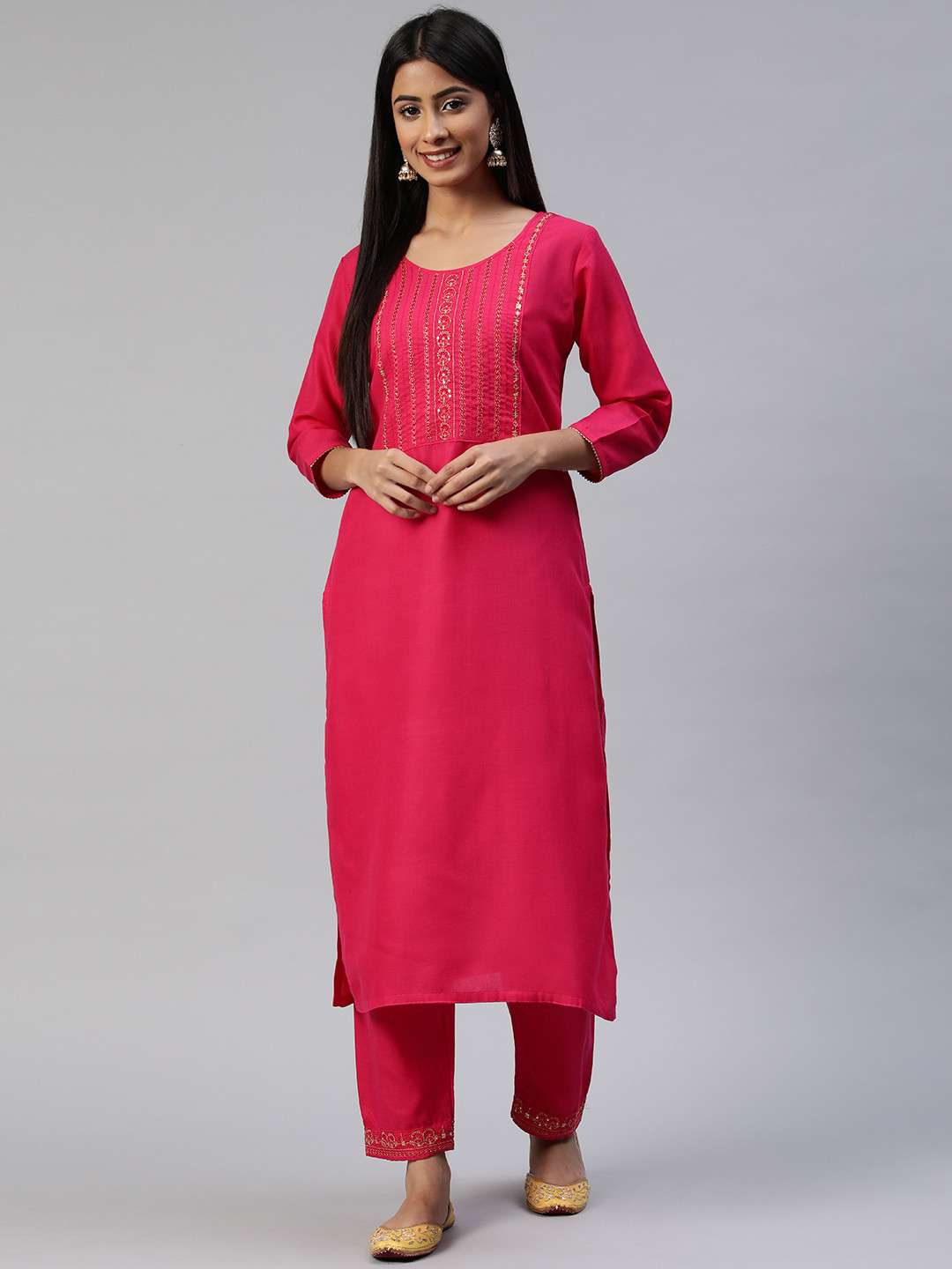 

SheWill Women Pink Ethnic Motifs Embroidered Sequinned Kurta with Trousers
