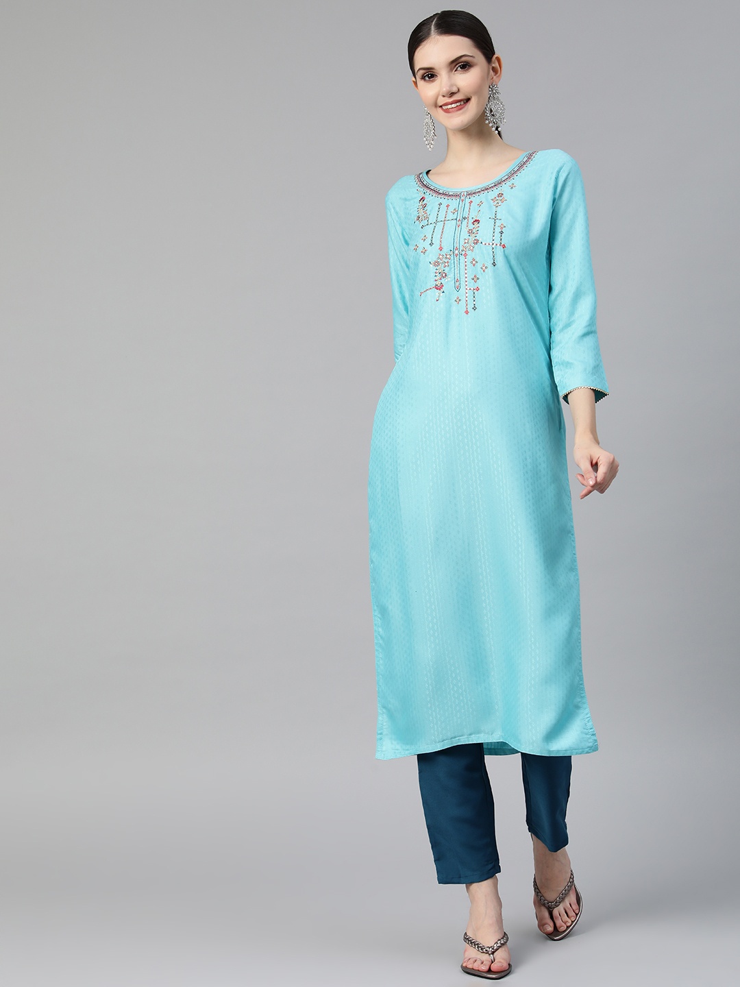 

SheWill Women Blue Ethnic Motifs Embroidered Sequinned Kurta with Trousers