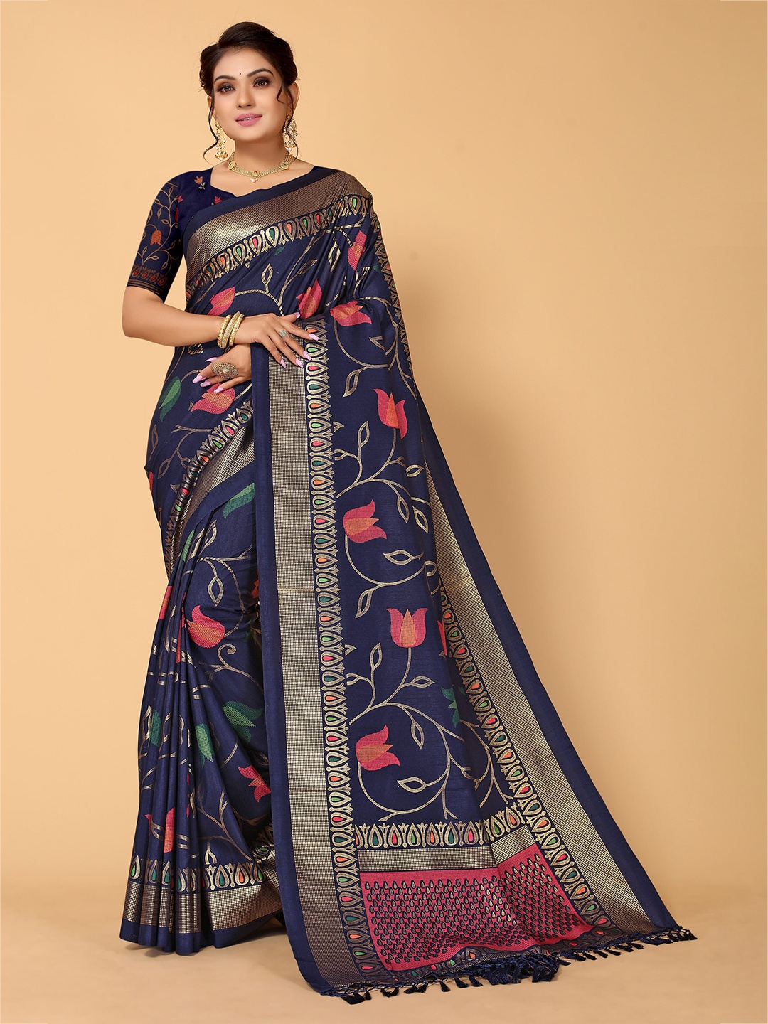 

Mitera Blue & Pink Floral Silk Blend Kanjeevaram Saree