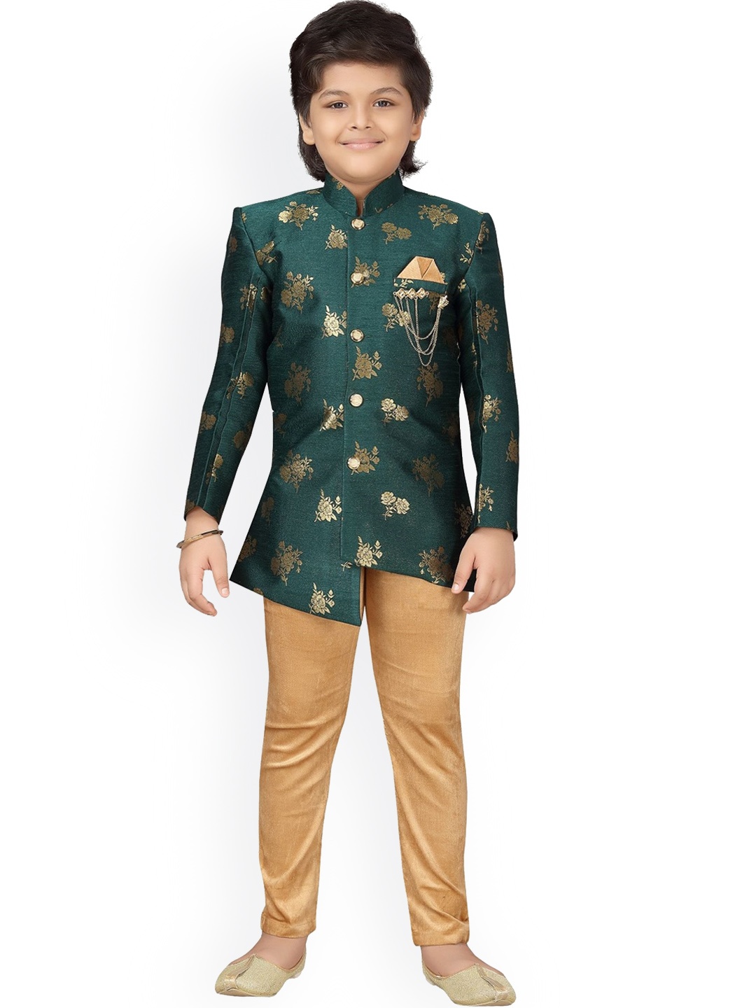 

Aj DEZInES Boys Green Printed Sherwani Set