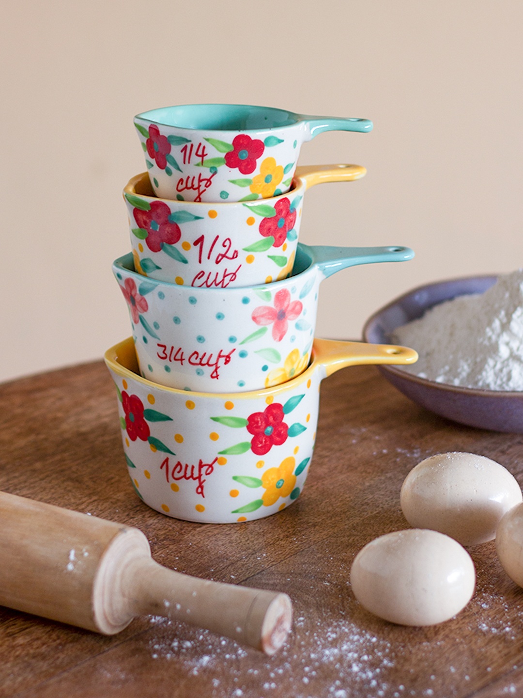 

The Wishing Chair Set Of 4 Spring Floral Handpainted Measuring Cups, White