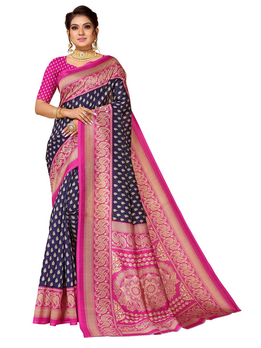 

KALINI Navy Blue & Fuchsia Printed Art Silk Saree