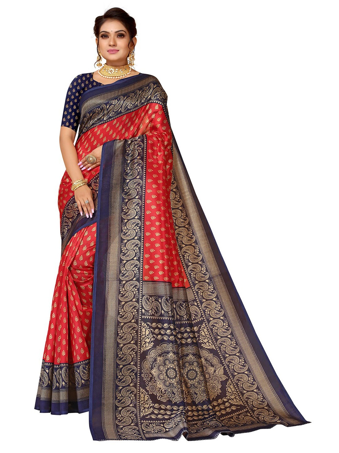 

KALINI Red & Gold-Toned Ethnic Motifs Art Silk Saree