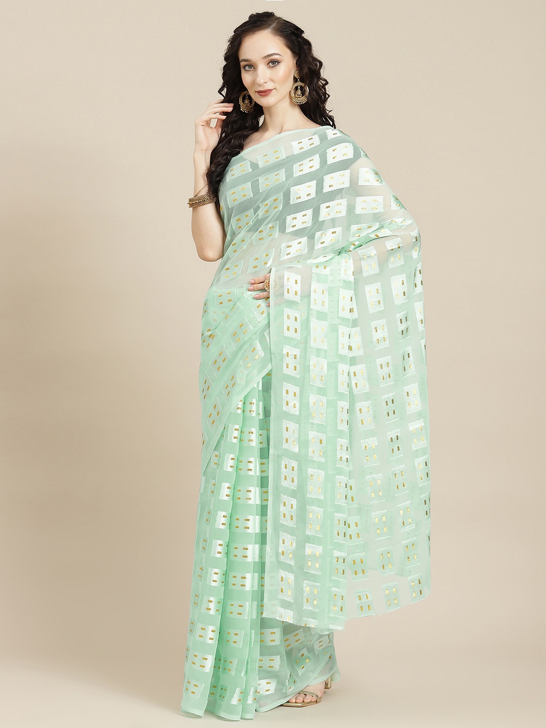 

Ishin Sea Green & Black Embellished Georgette Saree with Sequined Blouse