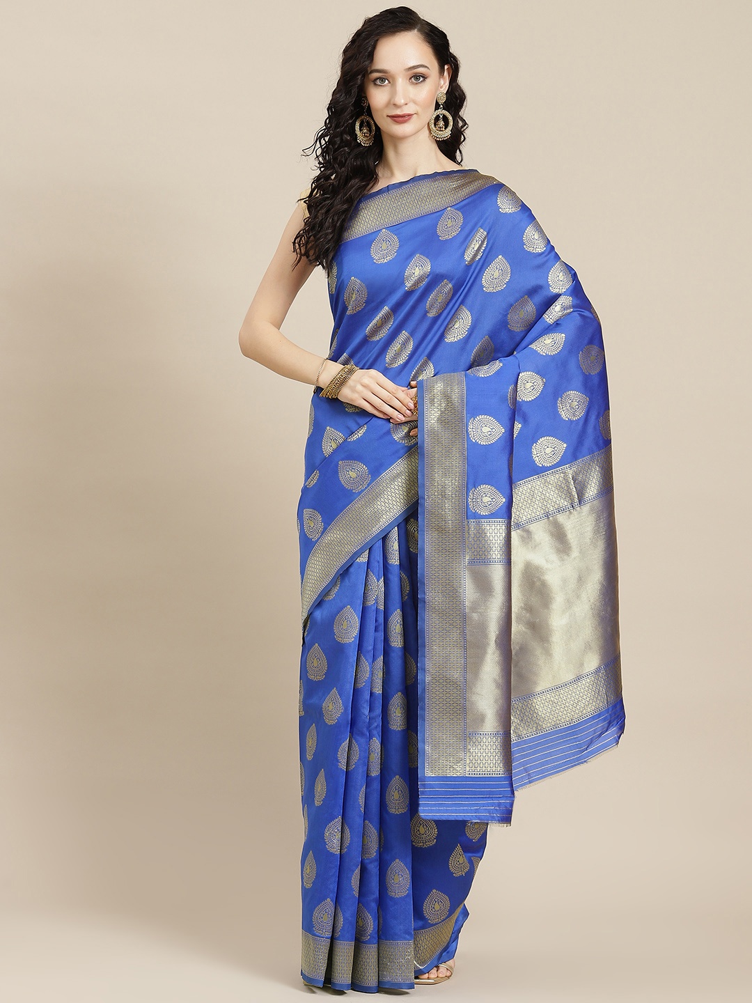 

Ishin Blue Ethnic Motifs Woven Design Zari Art Silk Banarasi Saree with Blouse