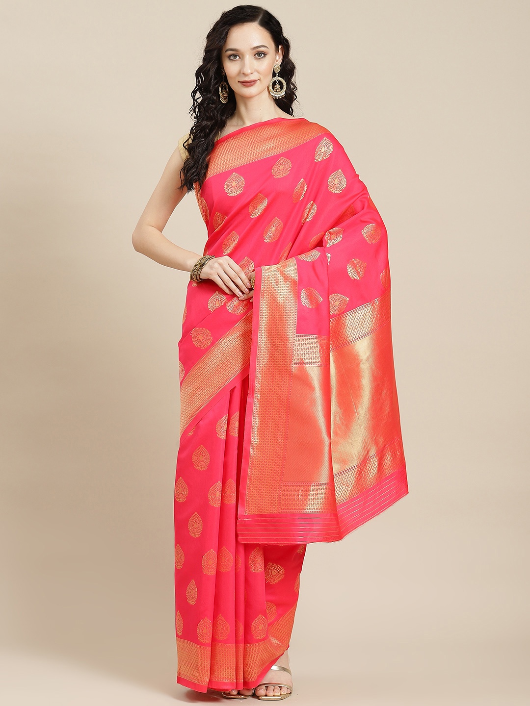 

Ishin Pink & Golden Ethnic Motifs Woven Design Zari Art Silk Banarasi Saree with Blouse