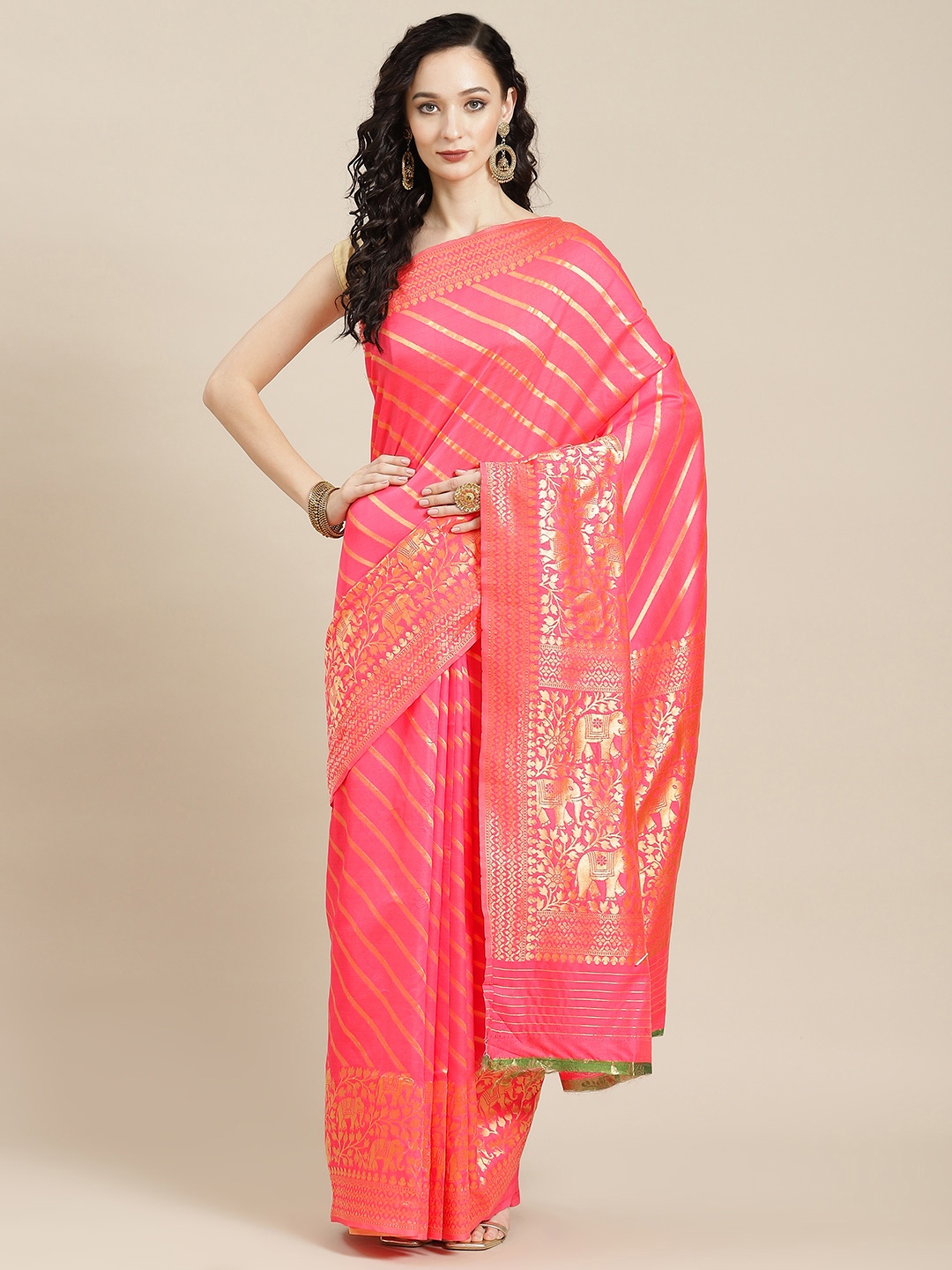 

Ishin Coral Pink & Golden Ethnic Woven Design Zari Art Silk Banarasi Saree with Blouse