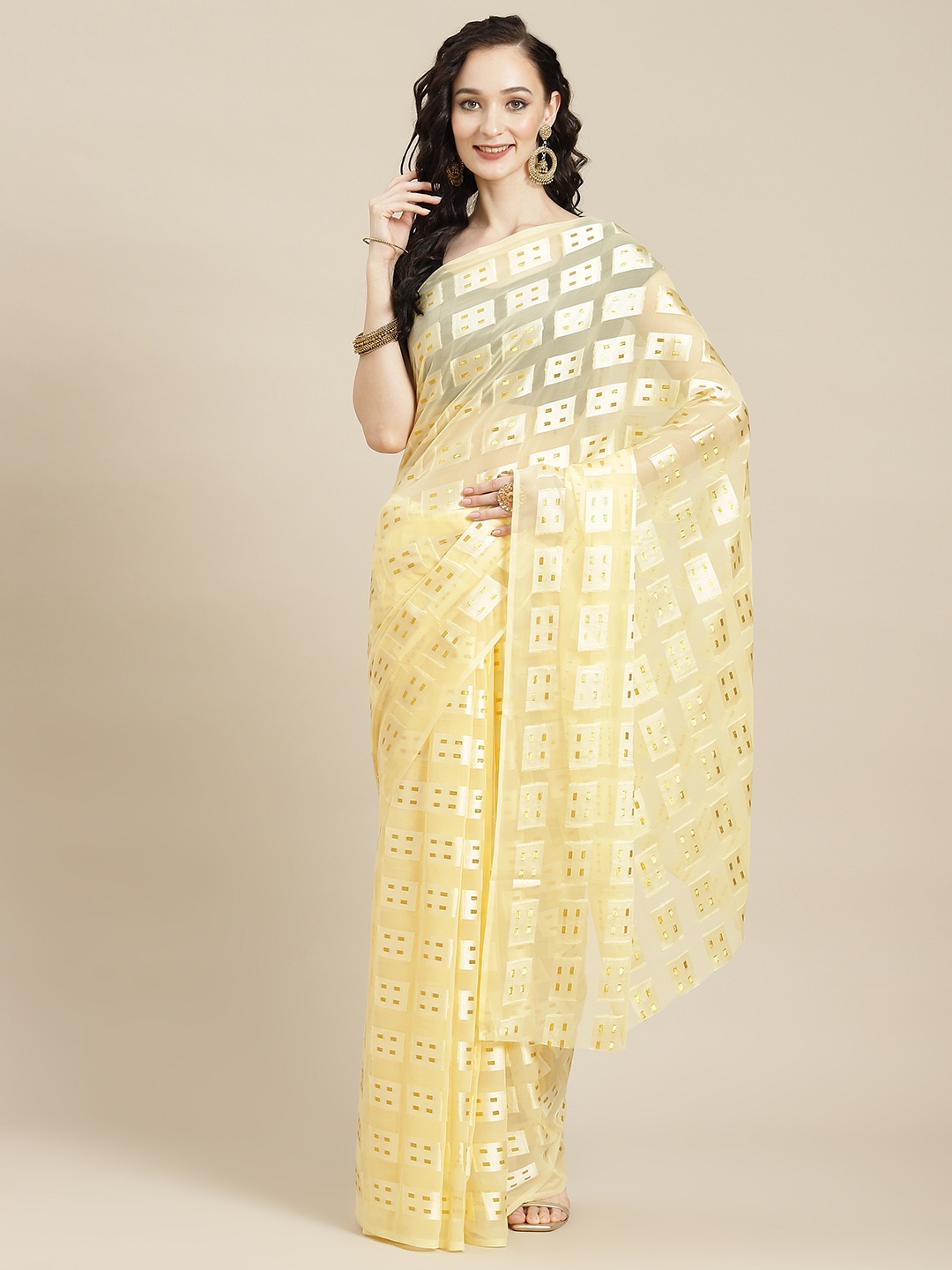 

Ishin Cream-Coloured & Black Embellished Georgette Saree with Sequined Blouse