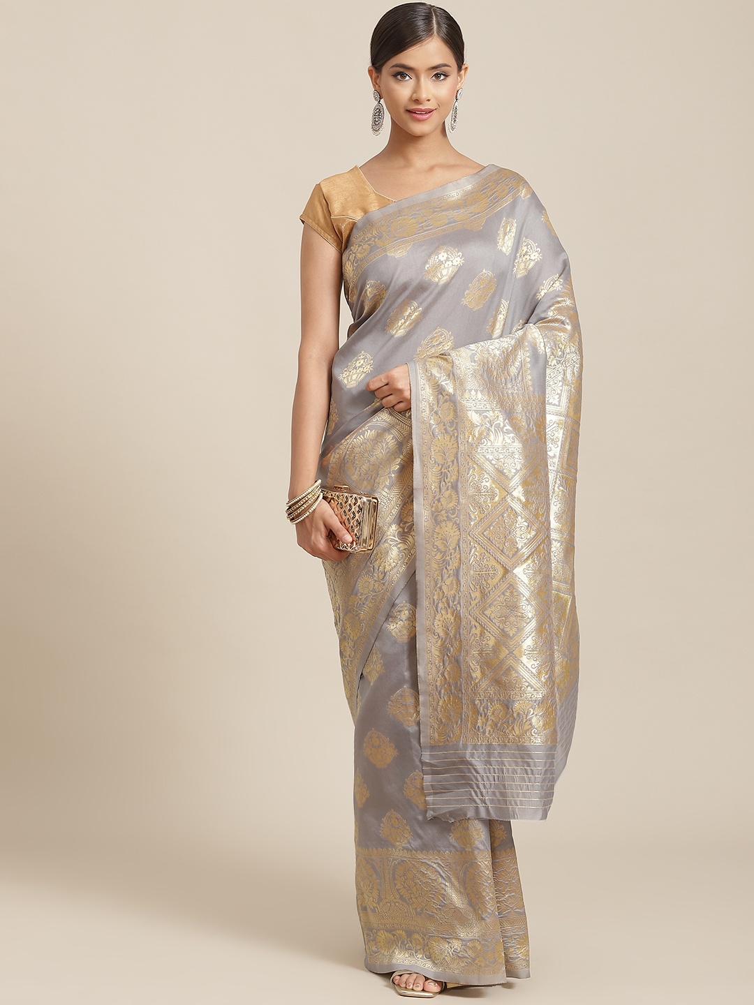 

Ishin Grey & Gold-Toned Ethnic Motifs Zari Art Silk Banarasi Saree