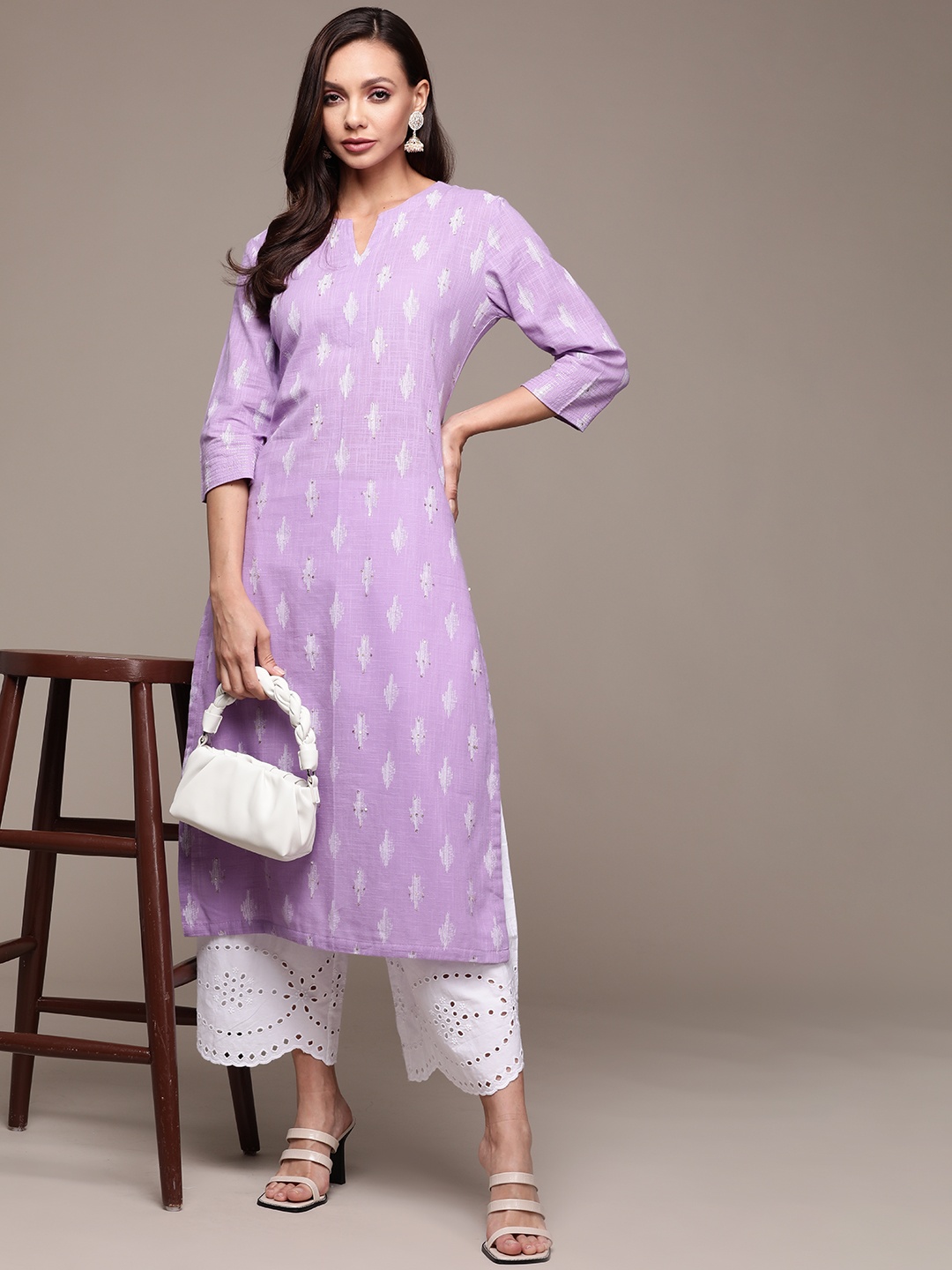 Ishin Women Lavender & White Pure Cotton Geometric Embellished Pastels Kurta