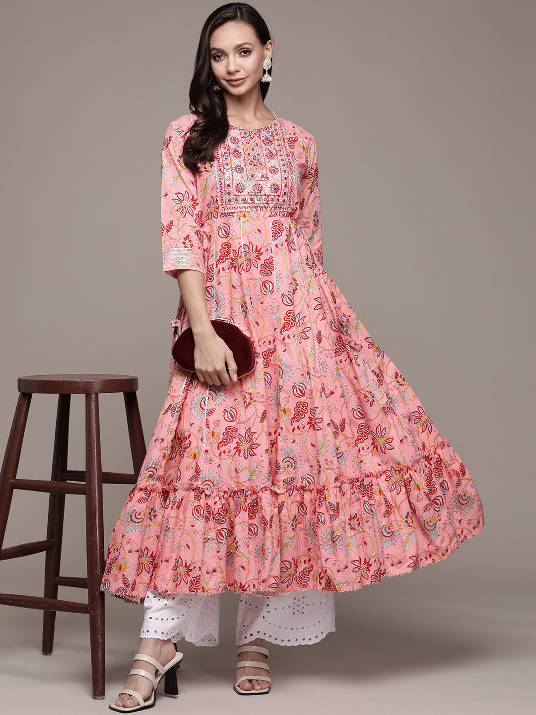 

Ishin Women Pink & Mustard Yellow Pure Cotton Floral Embroidered Floral Anarkali Kurta