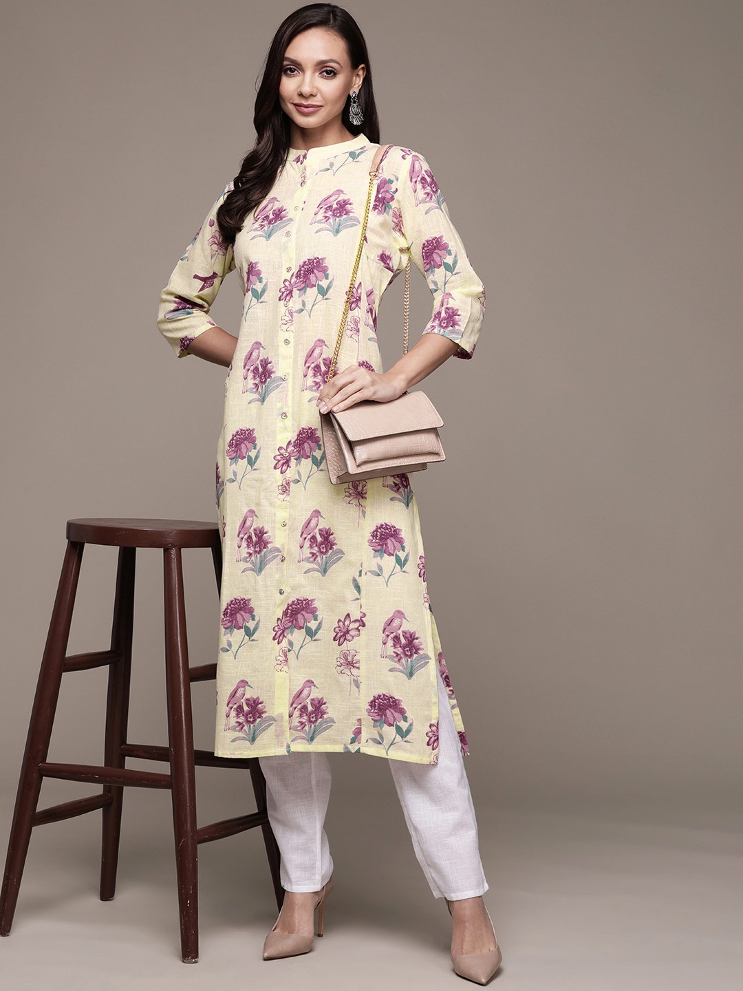 Ishin Women Cream-Coloured & Purple Cotton Floral Embellished Mirror Work Pastels Kurta
