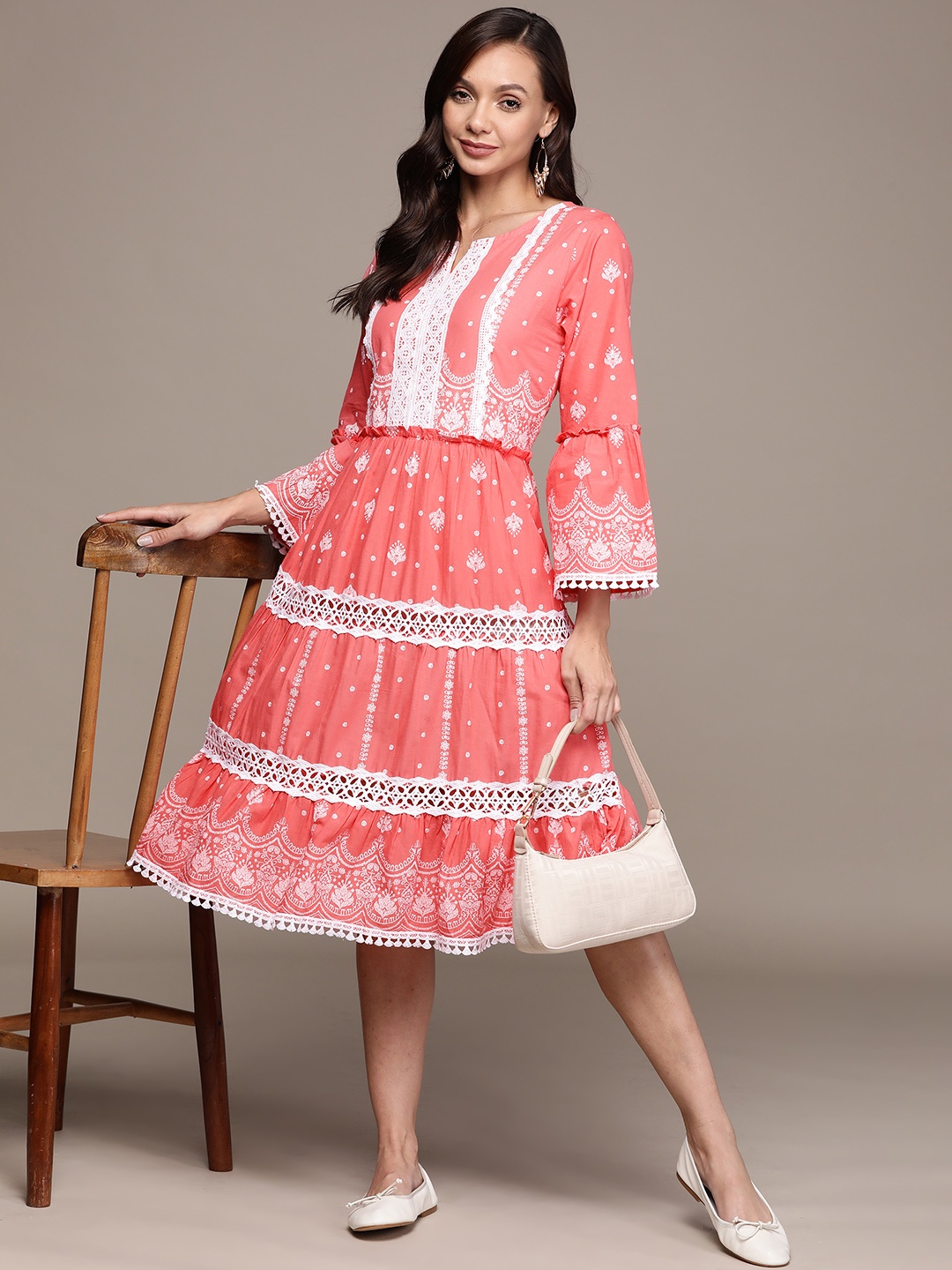 

Ishin Pink & White Floral Embroidered A-Line Midi Dress