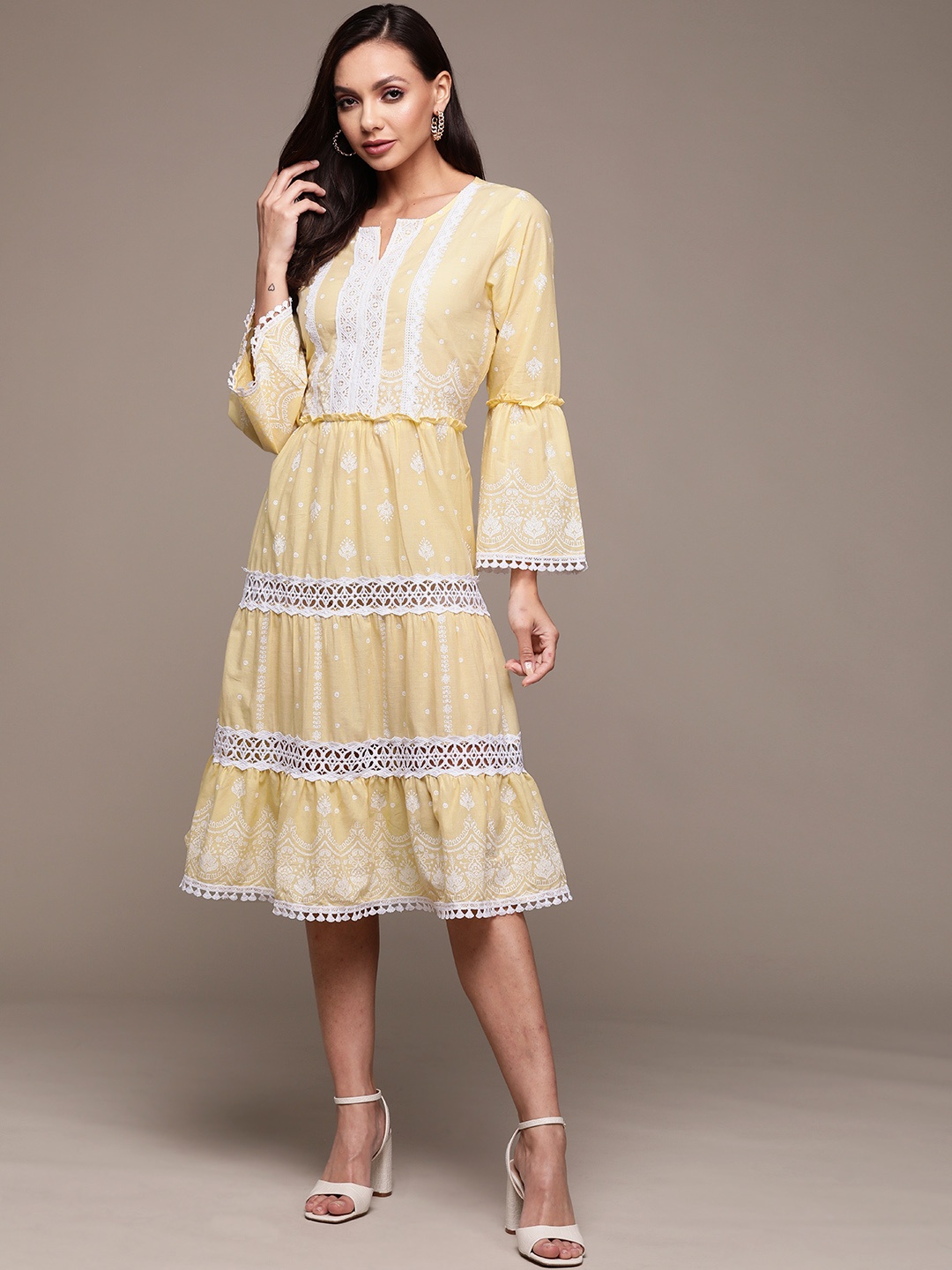 

Ishin Yellow & White Floral Embroidered A-Line Dress
