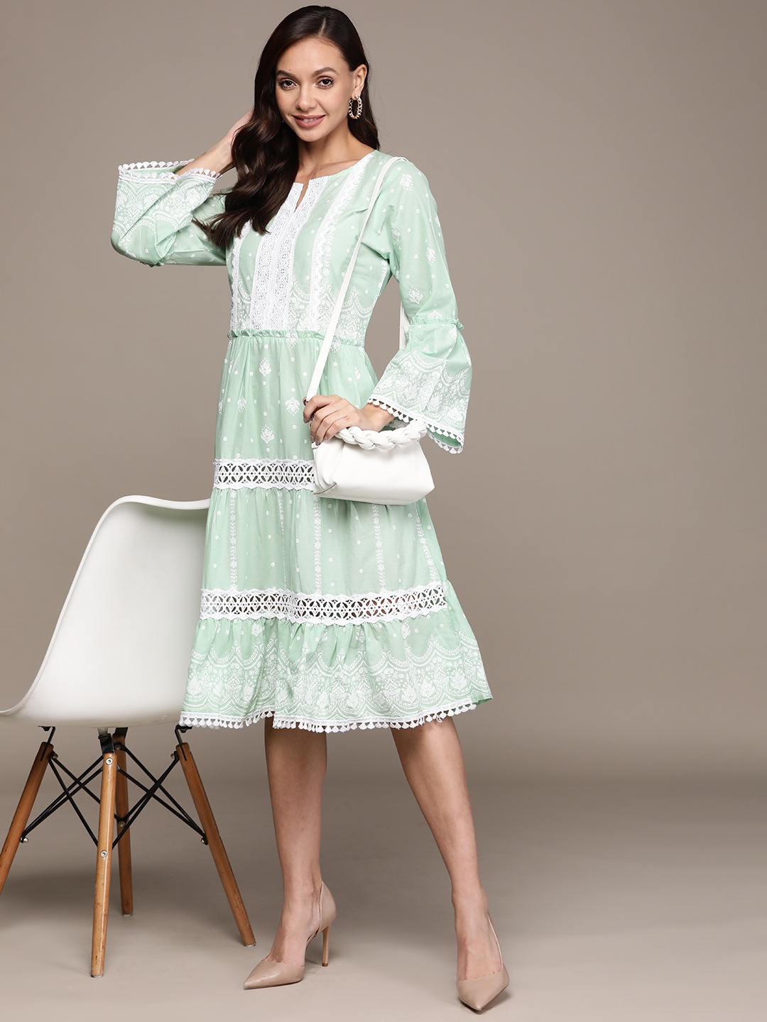 

Ishin Sea Green & White Floral Embroidered A-Line Dress