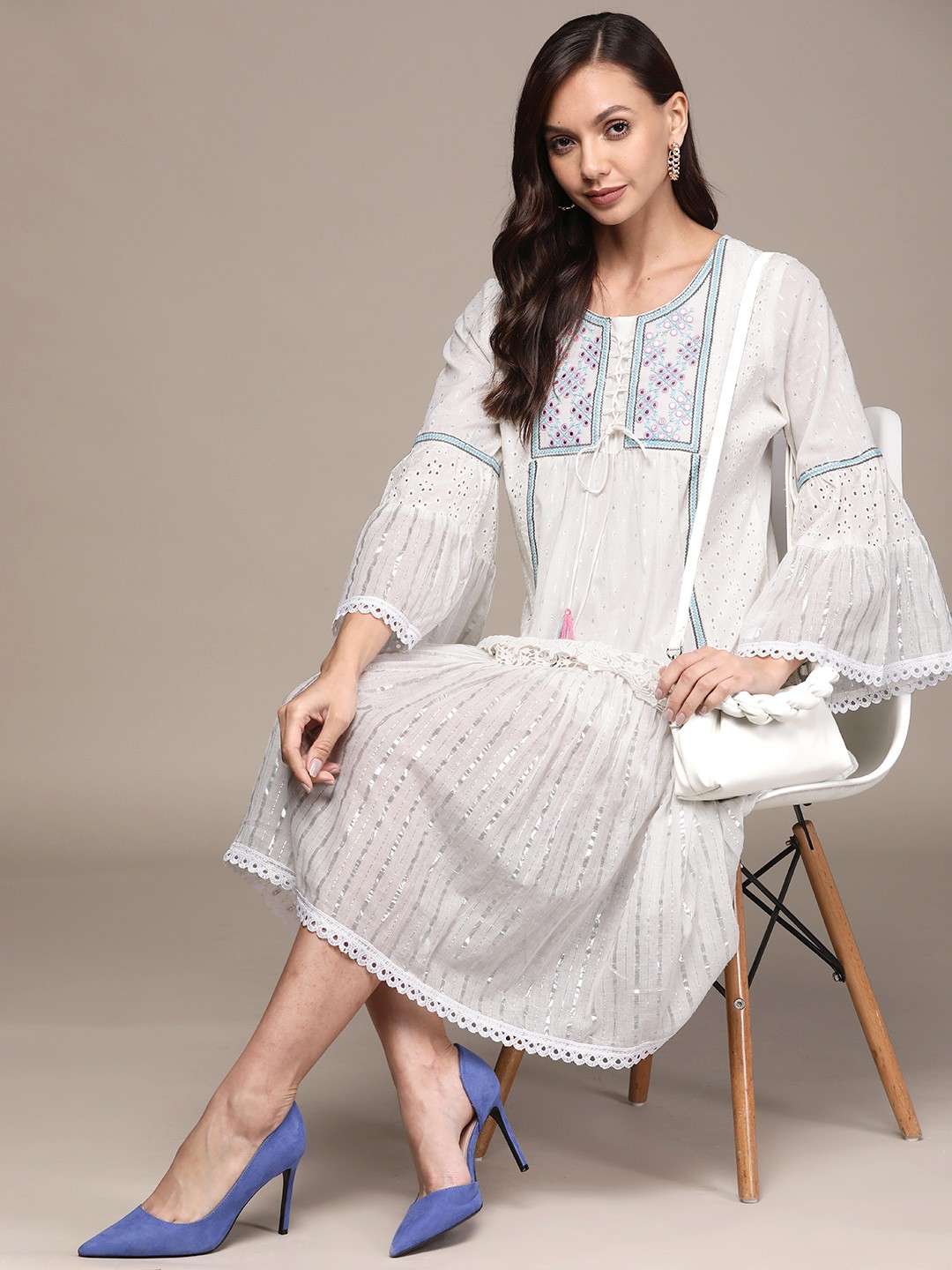 

Ishin White Floral Embroidered A-Line Dress