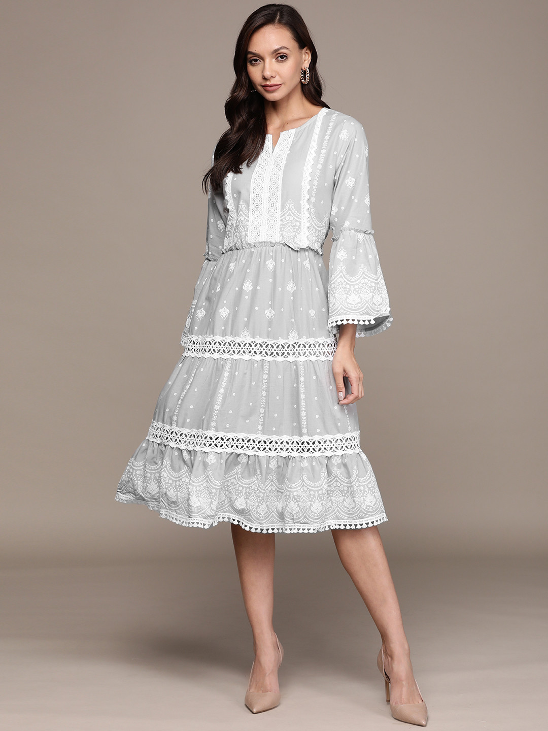 

Ishin Grey & White Floral Embroidered A-Line Midi Dress