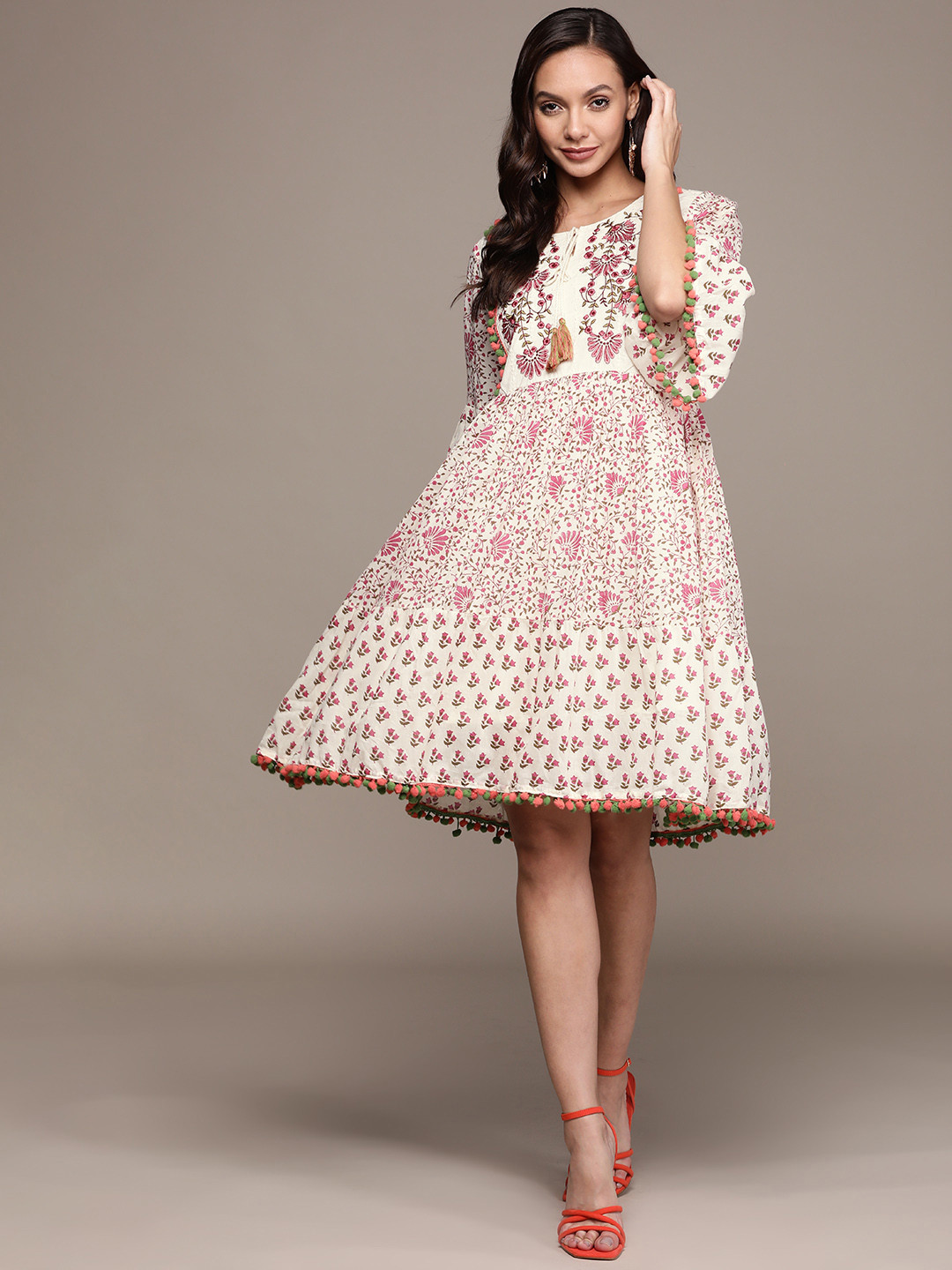 

Ishin Off White & Pink Floral Embroidered Tie-Up Neck A-Line Dress