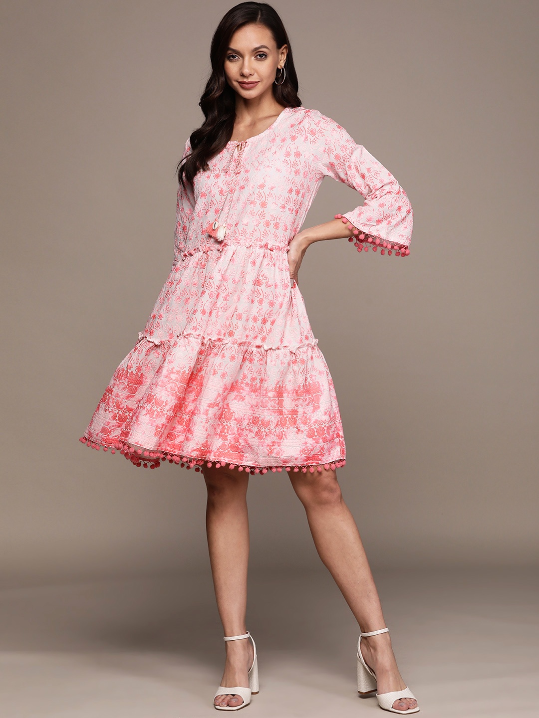 

Ishin White & Pink Ethnic Motifs Embroidered Tie-Up Neck Cotton A-Line Dress